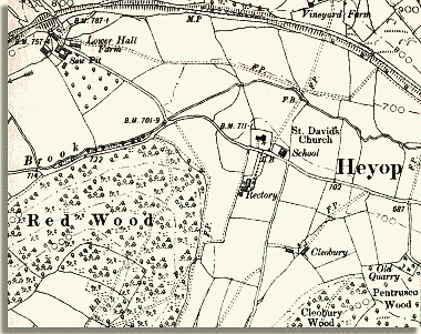 Map o Heyope yn dangos yr ysgol a'r rheilffordd