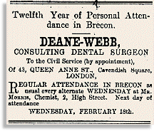 Twelfth Year of Personal Attendance in Brecon - Deane-Webb, Consulting Dental Surgeon