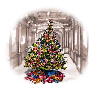 Christmas tree in Craig-y-Nos theatre, illus. by Rob Davies